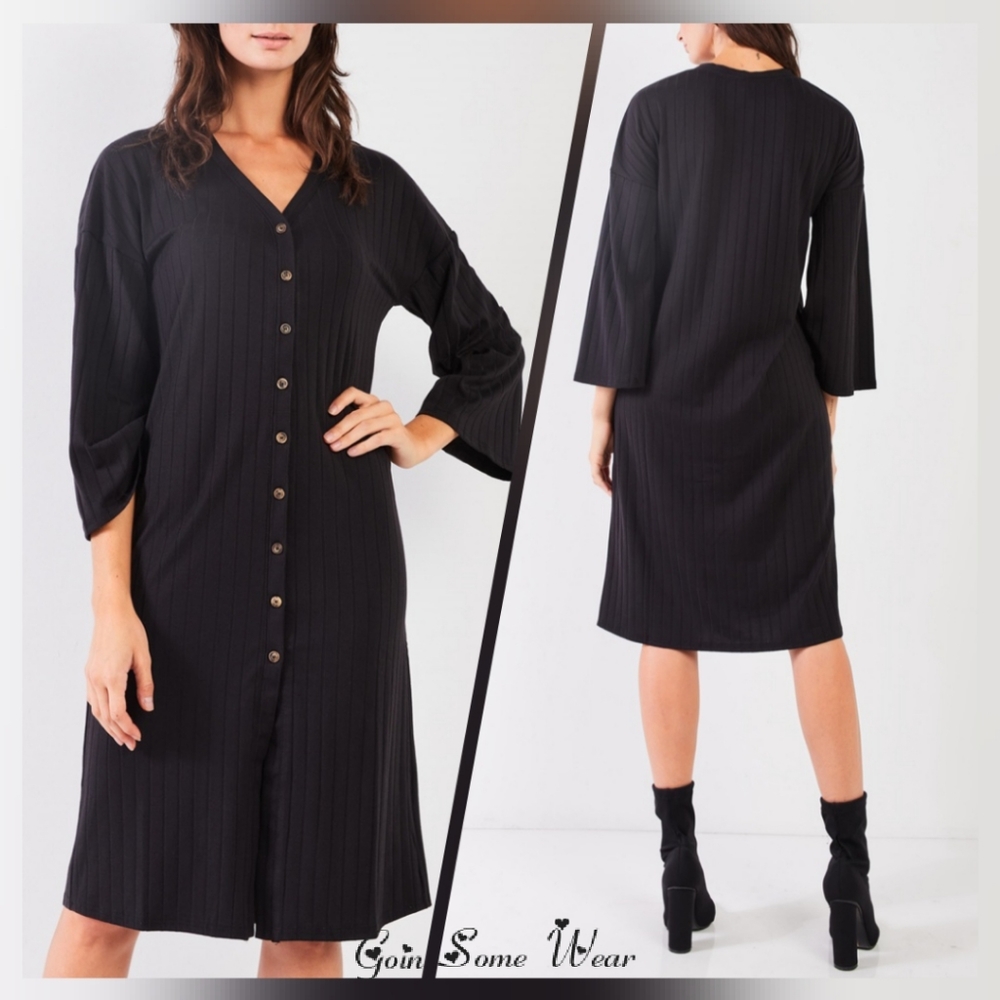 GSW Black Strip Ribbed V-Neck Button Down Midi Dress - Picture 3 of 6